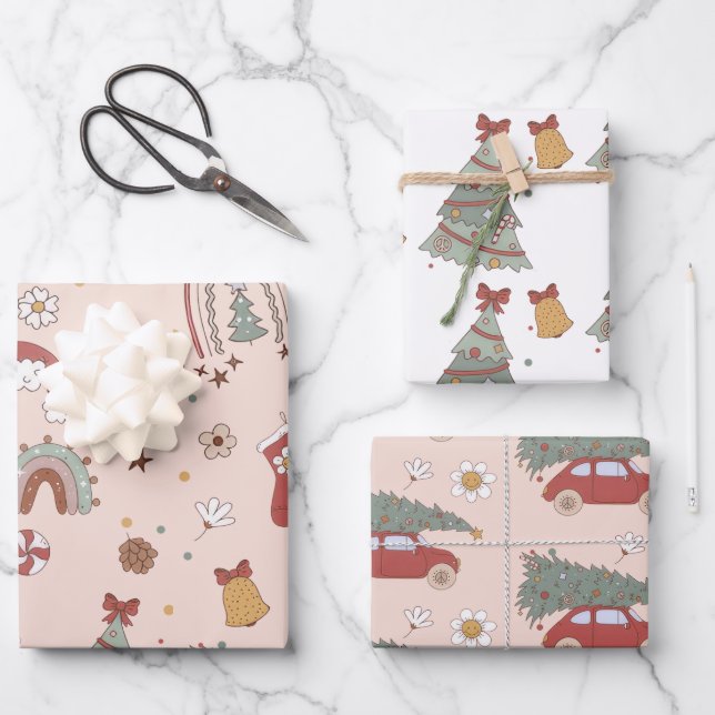 Pink Retro Groovy Car Christmas Tree  Wrapping Paper Sheet (Front)
