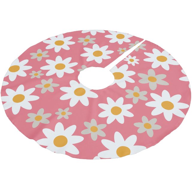 Pink Retro Groovy Daisy Pattern Holiday  Brushed Polyester Tree Skirt (Angled)