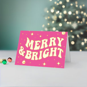 Pink Retro Groovy Merry & Bright Christmas Foil Holiday Card