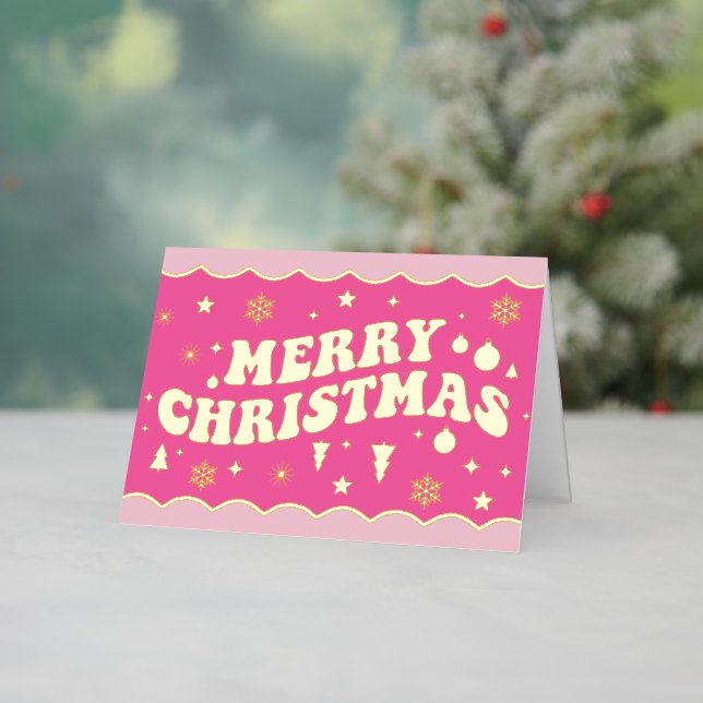 Pink Retro Groovy Merry Christmas Foil Holiday Card (Holiday In Situ)