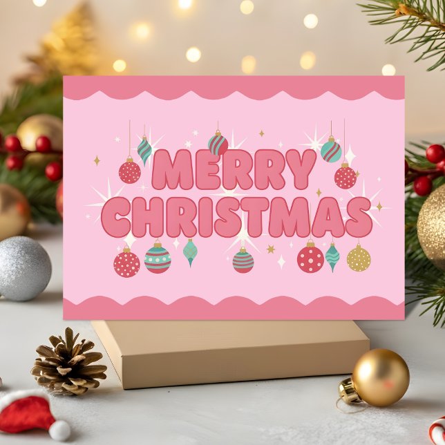 Pink Retro Groovy Merry Christmas Holiday Card (Creator Uploaded)