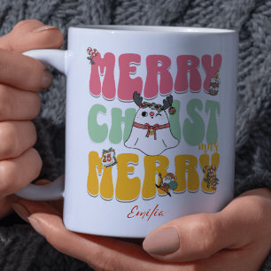 Pink Retro Groovy Merry Christmas Kawaii Name Mug
