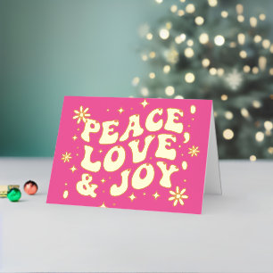 Pink Retro Groovy Peace Love Joy Christmas Foil Holiday Card