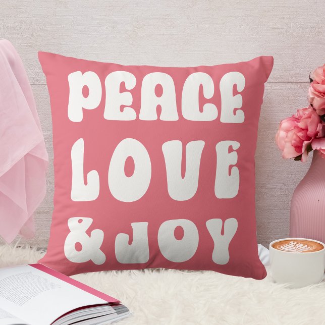 Pink Retro Groovy Peace Love Joy Holiday  Cushion (Pink Retro Groovy Peace Love Joy Holiday Throw Pillow)