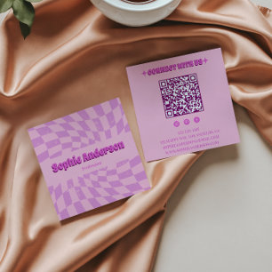 Pink Retro Groovy Wavy Chequered with QR Code Square Business Card