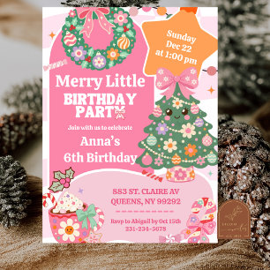 Pink Retro Groovy Winter Christmas Birthday Invitation