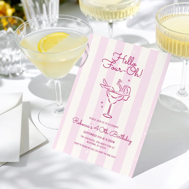 Pink Retro Hand Drawn Cocktail Glass 40th Birthday Invitation (Creator Uploaded)