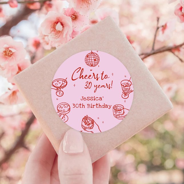 Pink Retro Hand drawn Funky Cocktail Birthday Classic Round Sticker (Creator Uploaded)