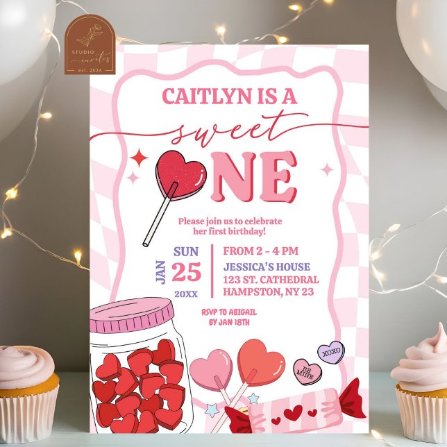 Pink Retro Heart Candy Sweet One First Birthday  Invitation (Creator Uploaded)