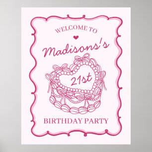 Pink Retro Heart Coquette Cake Birthday Welcome Poster