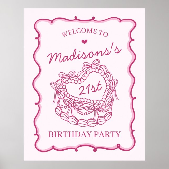 Pink Retro Heart Coquette Cake Birthday Welcome Poster (Front)