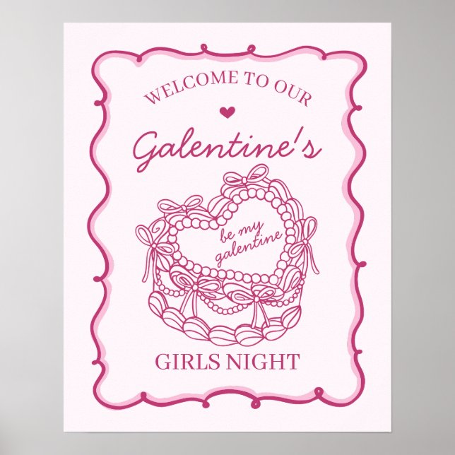 Pink Retro Heart Coquette Cake Galentines Welcome Poster (Front)
