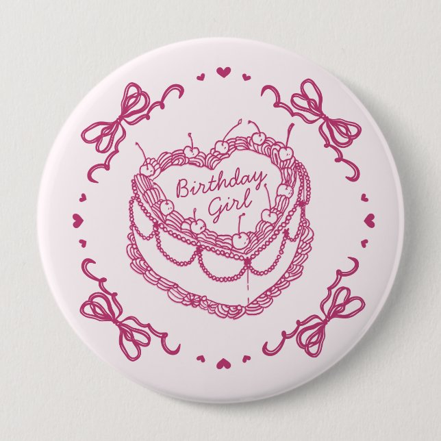 Pink Retro Heart Coquette Cherry Cake Birthday Gir 10 Cm Round Badge (Front)