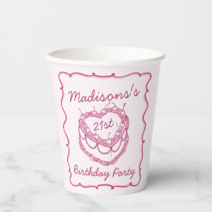 Pink Retro Heart Coquette Cherry Cake Birthday Paper Cups