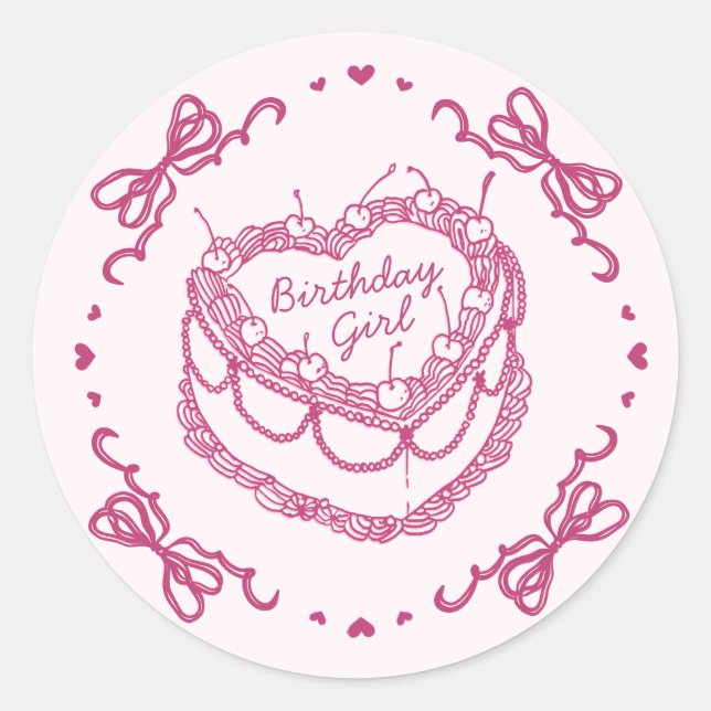 Pink Retro Heart Coquette Cherry Cake BirthdayGirl Classic Round Sticker (Front)