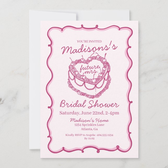 Pink Retro Heart Coquette Cherry Cake Bridal Showe Invitation (Front)