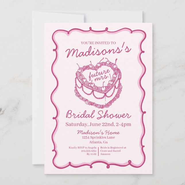 Pink Retro Heart Coquette Cherry Cake Bridal Showe Invitation (Front)