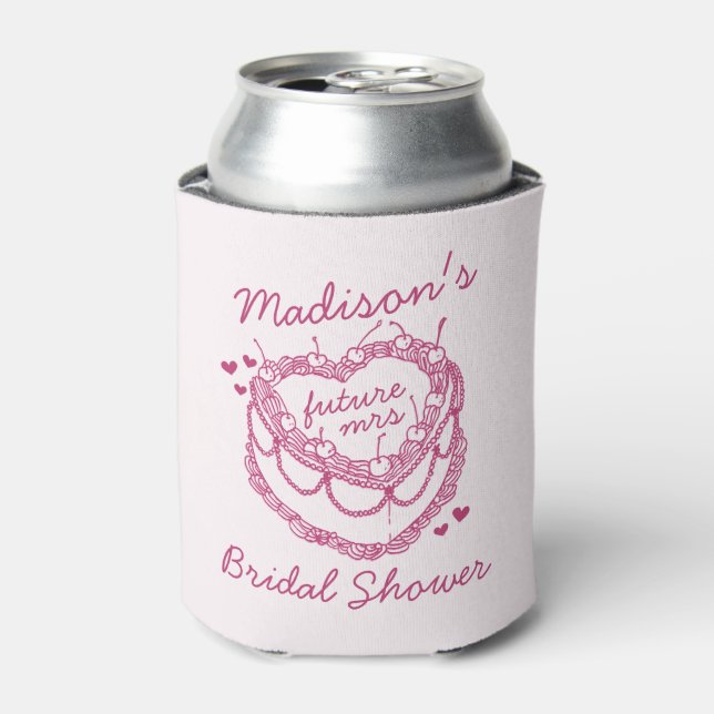 Pink Retro Heart Coquette Cherry Cake BridalShower Can Cooler (Can Front)