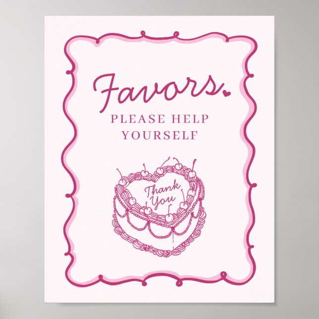 Pink Retro Heart Coquette Cherry Cake Favours Poster (Front)