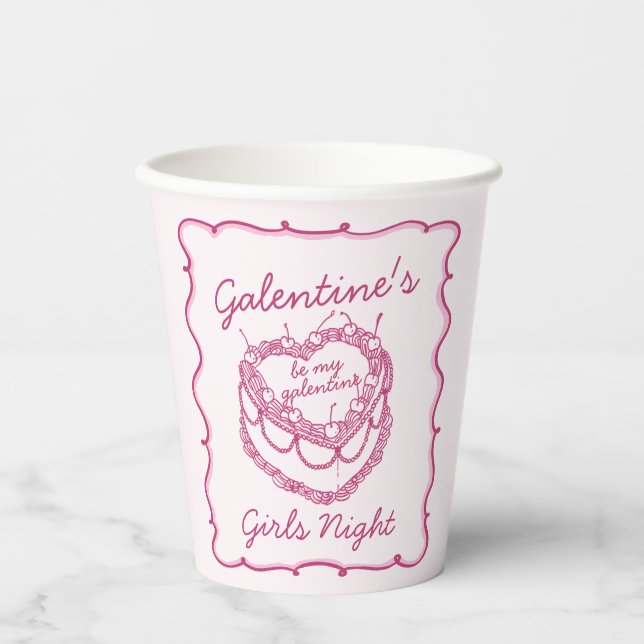 Pink Retro Heart Coquette Cherry Cake Galentines Paper Cups (Front)