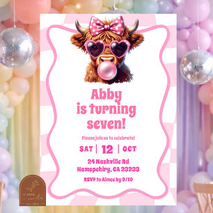 Pink Retro highland cow girl birthday Invitation