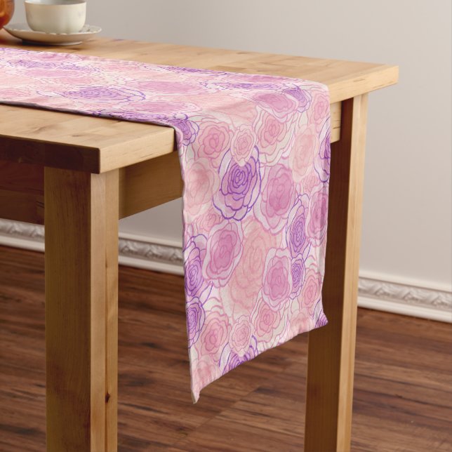 Pink Retro Hippy Rose Floral Pattern Short Table Runner (In Situ)