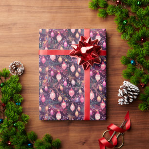Pink Retro Holiday Lights & Christmas Tree Pattern Wrapping Paper