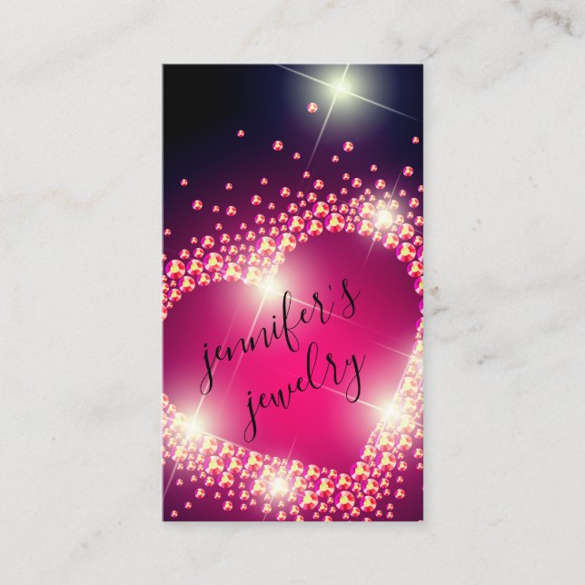 Pink retro jewellery heart bling diamond business card (Front)