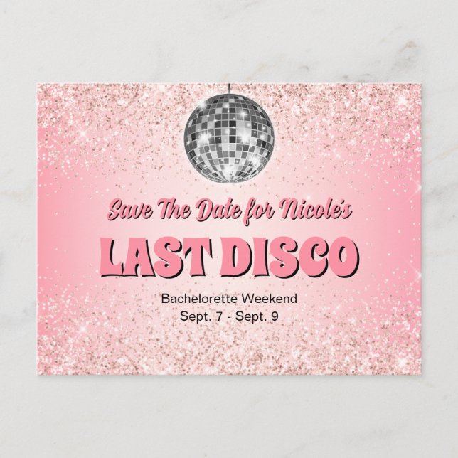 Pink Retro Last Disco Bachelorette Save The Date Postcard (Front)