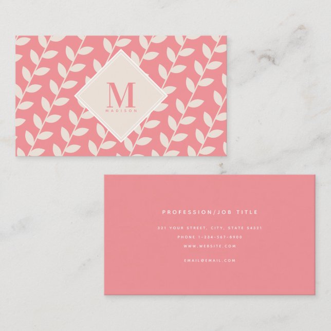 Pink Retro Leaf Monogram Initial  Business Card (Front/Back)