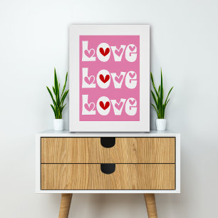 Pink retro LOVE typography with red hearts Poster