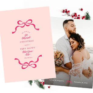 Pink Retro Married Christmas Bows Photo Holiday Card