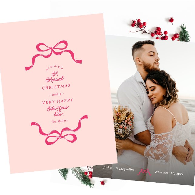 Pink Retro Married Christmas Bows Photo Holiday Card (Creator Uploaded)