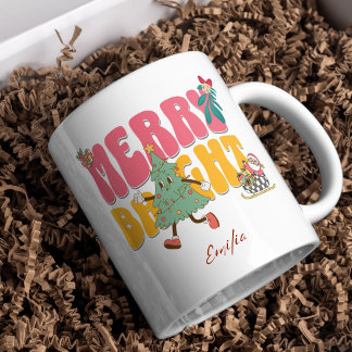 Pink Retro Merry Bright Custom Name Christmas Tree Mug