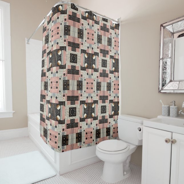 Pink Retro Mid Century Modern Shower Curtain (In Situ)