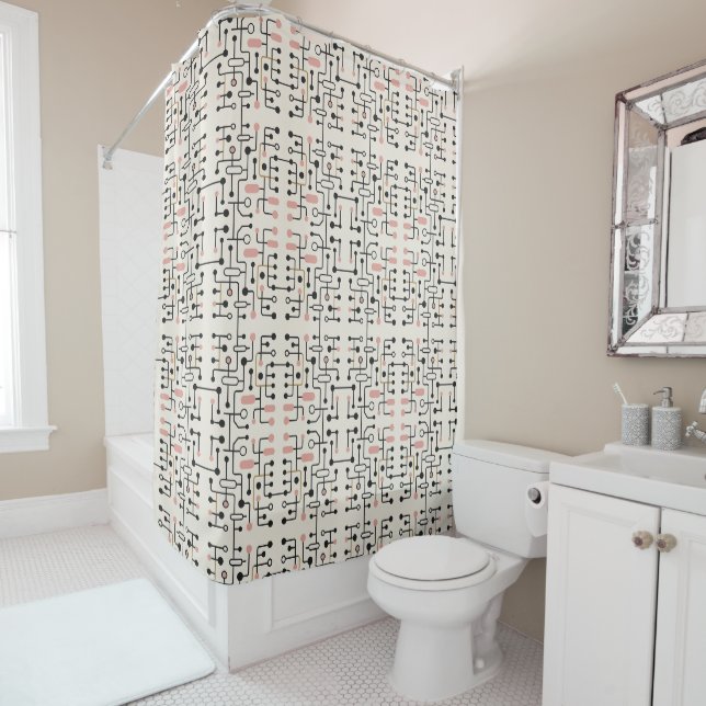 Pink Retro Mid Century Modern Shower Curtain (In Situ)