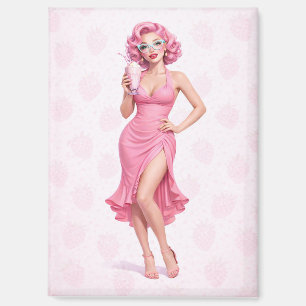 Pink Retro Milkshake Pin-Up Girl Strawberry Magnet