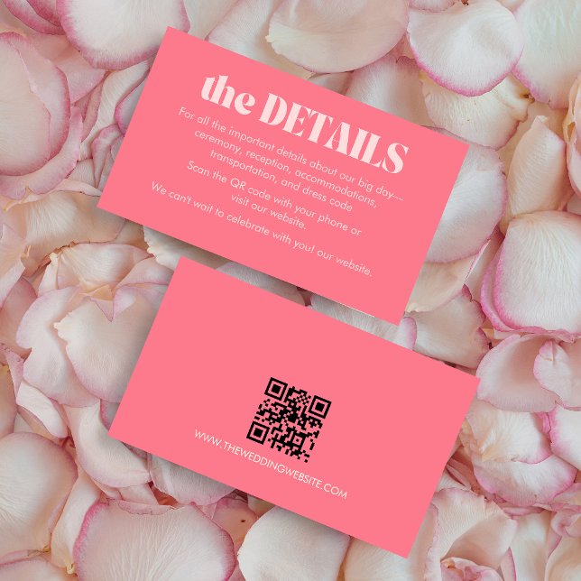 Pink Retro Modern Chic Photo Wedding Details Card (Pink Retro Modern Photo Wedding Details Card with QR Code
)