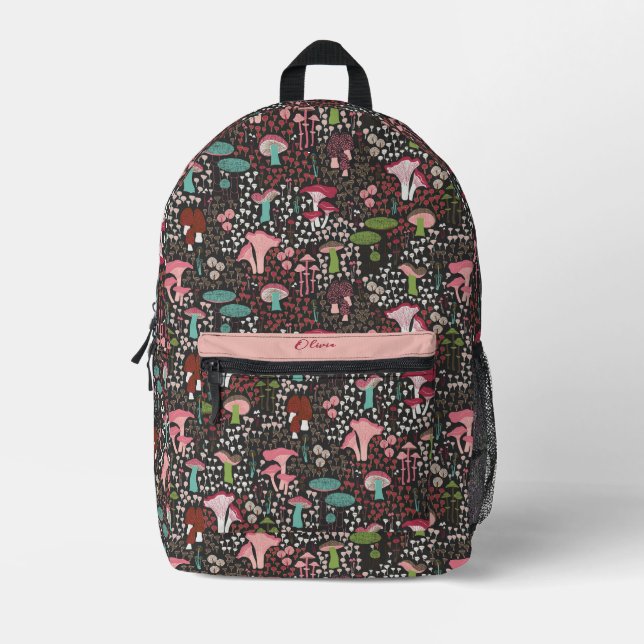 Pink Retro Mushroom Printed Backpack (Front)