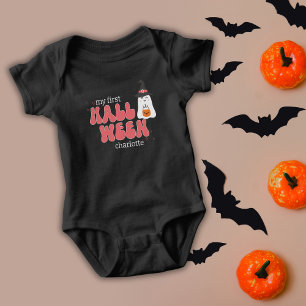 Pink Retro My First Halloween with Cute Ghost  Baby Bodysuit
