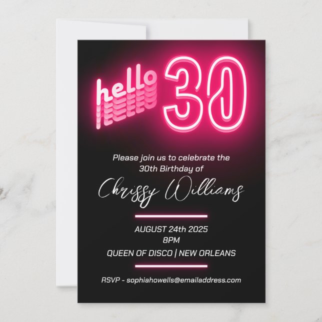 Pink retro neon 30th Birthday Party Invitation (Front)