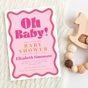 Pink Retro Oh Baby Wavy Squiggle Frame Baby Shower Invitation
