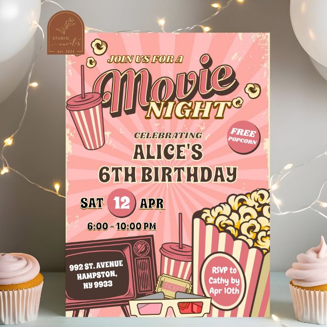 Pink Retro Outdoor Movie Night Birthday Girl Invitation (Creator Uploaded)