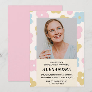 Pink Retro Photo Floral 67th birthday invitation 