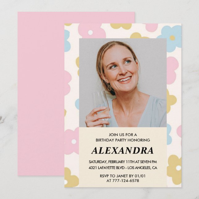 Pink Retro Photo Floral 68th birthday invitation  (Front/Back)