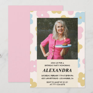 Pink Retro Photo Floral 73rd birthday invitation 