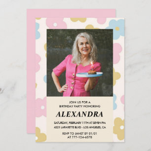 Pink Retro Photo Floral 88th birthday invitation
