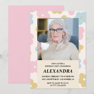 Pink Retro Photo Floral 93rd birthday invitation