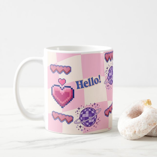 Pink Retro Pixel Heart Mug (With Donut)