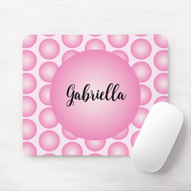 Pink Retro Polka Dot Monogram Script Name Mouse Pad (With Mouse)